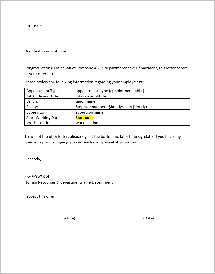 An image of the template offer letter Word document.