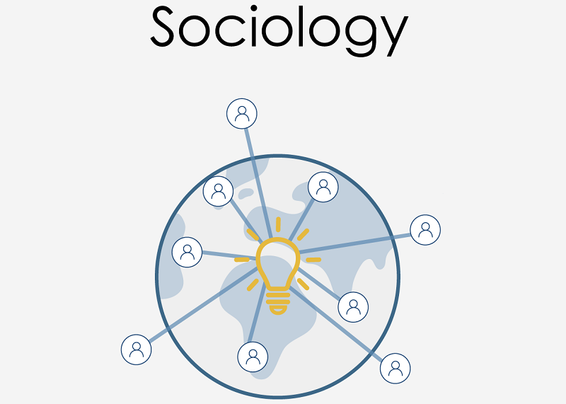 The text sociology and an image of a people connected to a single lightbulb